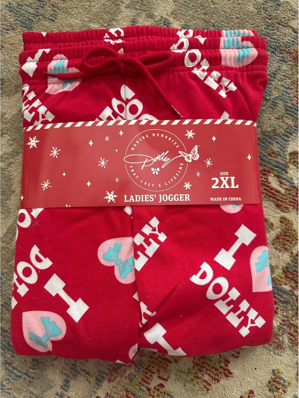 Dolly Print Ladies' Jogger Pants Size 2XL Red with Blue and White Design